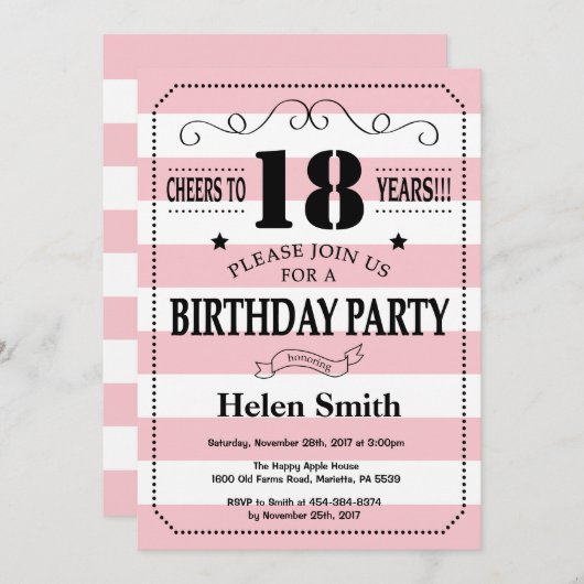 18e verjaardag Uitnodiging roze en witte strepen (Voorkant / Achterkant)