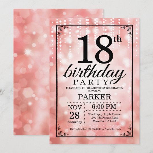 18e verjaardag uitnodiging roze glitter (Voorkant / Achterkant)