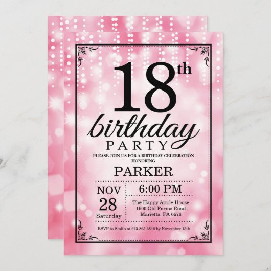 18e verjaardag uitnodiging roze glitter (Voorkant / Achterkant)