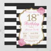 18e Verjaardag Uitnodiging Roze Zwart Goud Bloemen (Voorkant / Achterkant)