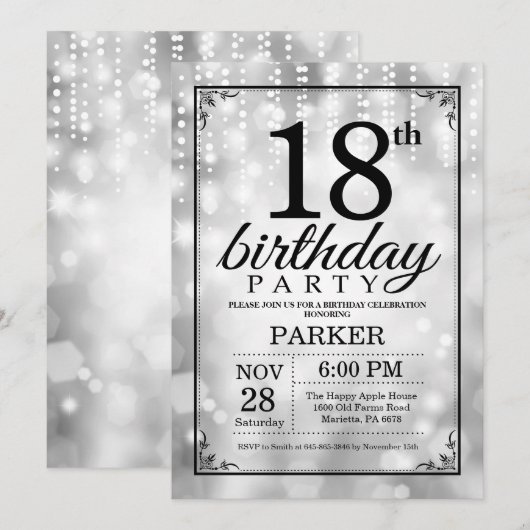 18e verjaardag Uitnodiging Silver Glitter (Voorkant / Achterkant)