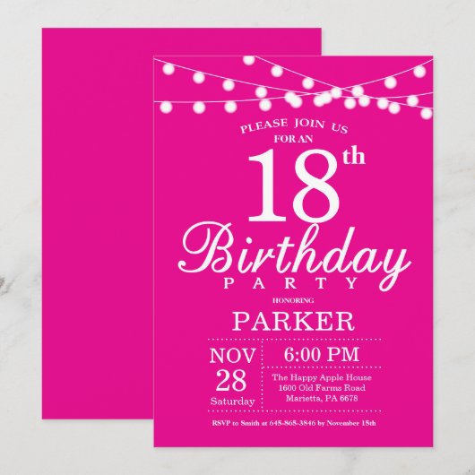 18e verjaardag uitnodiging warm roze (Voorkant / Achterkant)