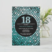 18e Verjaardag Uitnodiging Zwart en Blauwgroen Gli (Staand voorkant)