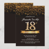 18e verjaardag Uitnodiging zwart en gouden glitter (Voorkant / Achterkant)