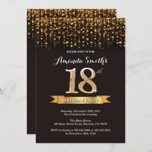 18e verjaardag Uitnodiging zwart en gouden glitter (Voorkant / Achterkant)
