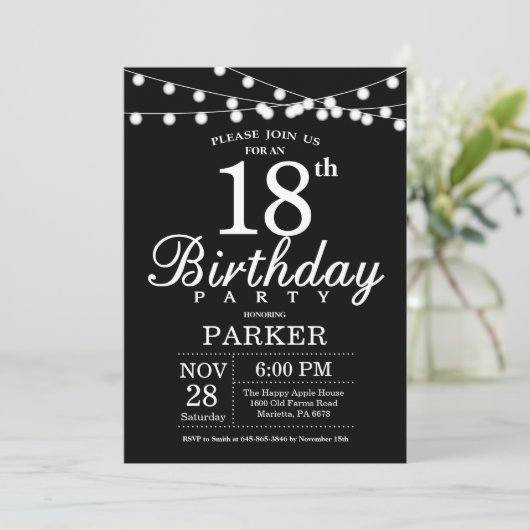 18e verjaardag Uitnodiging zwart-wit (Staand voorkant)
