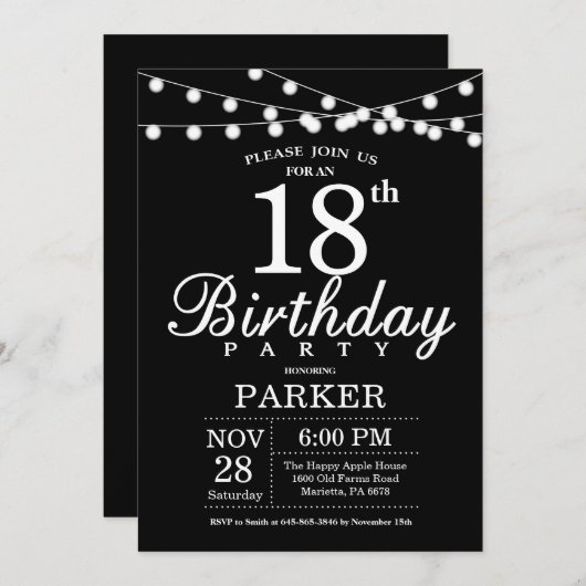 18e verjaardag Uitnodiging zwart-wit (Voorkant / Achterkant)