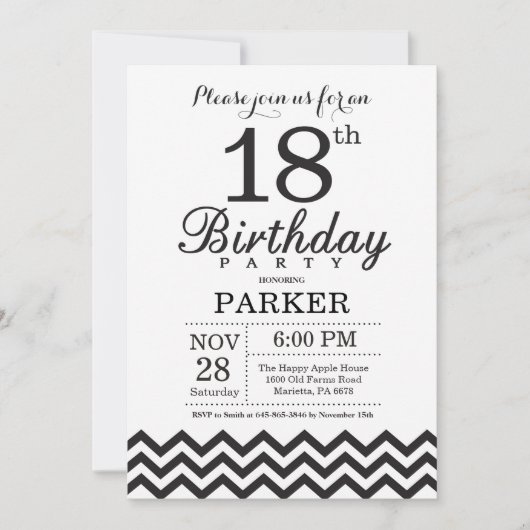 18e verjaardag Uitnodiging zwart-wit Chevron (Voorkant)