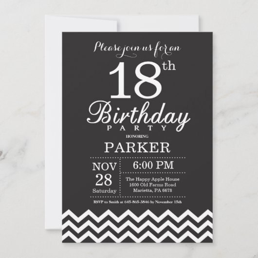 18e verjaardag uitnodiging zwart-wit Chevron (Voorkant)