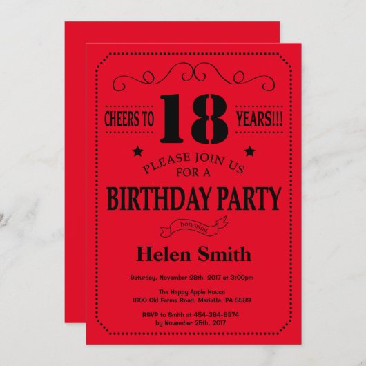 18e verjaardag Uitnodiging zwart-wit en rood (Voorkant / Achterkant)