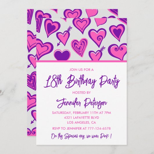 18e verjaardag uitnodigingen Glam Pink Heart (Voorkant / Achterkant)