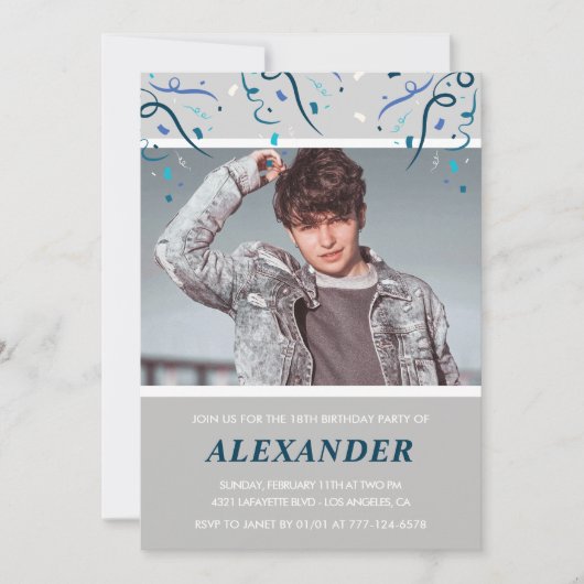18e verjaardag uitnodigingen jongen Confetti Foto  (Voorkant)