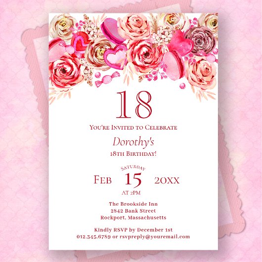 18e Verjaardag Valentijn Roze Rose Swirly Heart Kaart