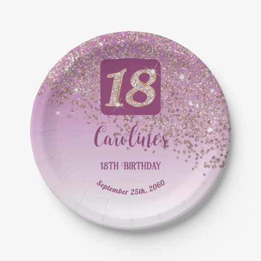 18e Verjaardag Vallend Roos Gouden Glitter Papieren Bordje (Voorkant)