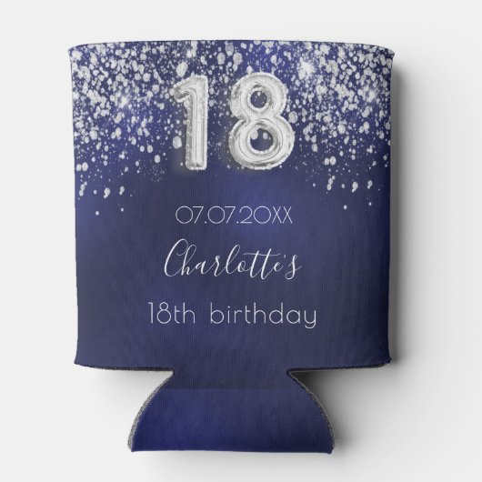 18e verjaardag van de blauwe zilverglitterstofnaam blikjeskoeler (Achterkant)