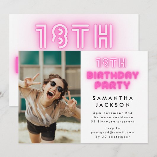 18e verjaardag van de opgeruimde roze neon lumo-ve kaart (Voorkant / Achterkant)