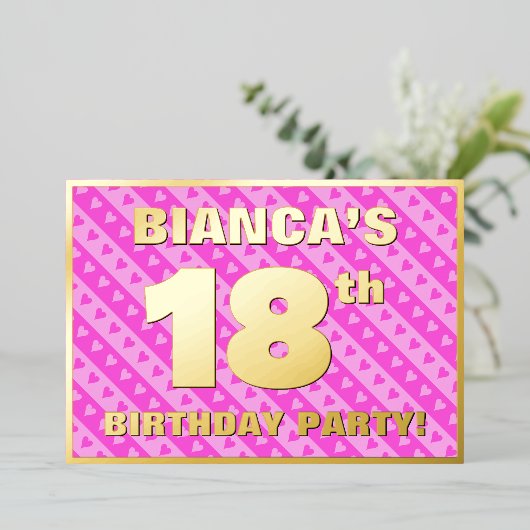 18e verjaardag van de opstand - vuurroze harten en folie uitnodiging (Staand Voorkant)