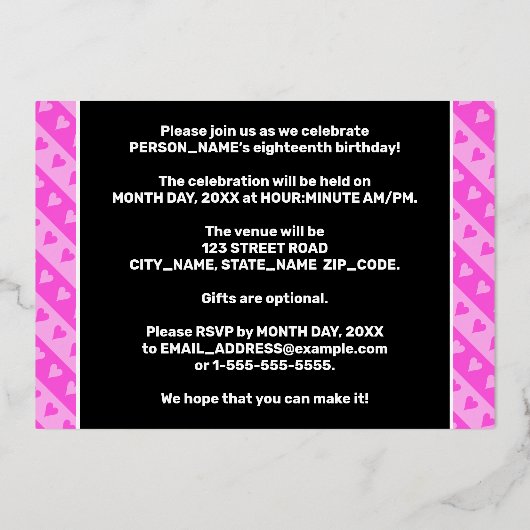 18e verjaardag van de opstand - vuurroze harten en folie uitnodiging (Achterkant)