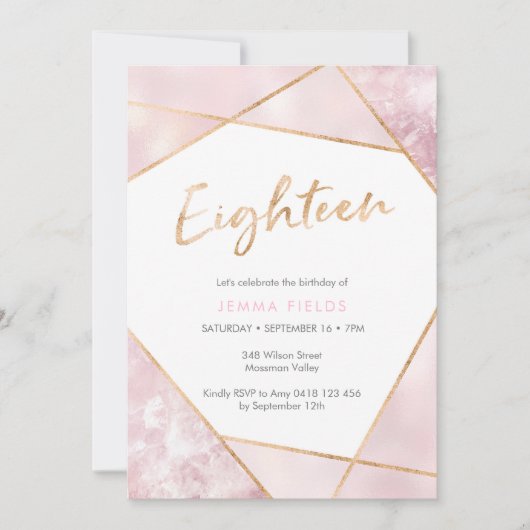 18e verjaardag van de uitnodiging roze en goud (Voorkant)