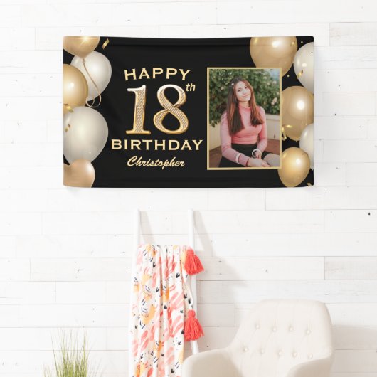 18e verjaardag van de zwarte en gouden ballonnen F Spandoek (Insitu)