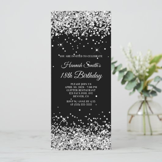18e verjaardag van Glittery Silver en Black Kaart (Staand voorkant)
