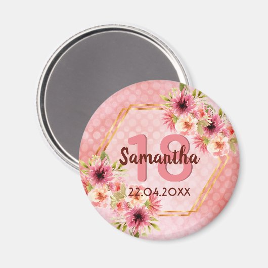 18e verjaardag van het koraal goudbloemen hexagon magneet (Voorkant / Achterkant)