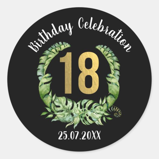 18e verjaardag van zwart goud ronde sticker (Voorkant)