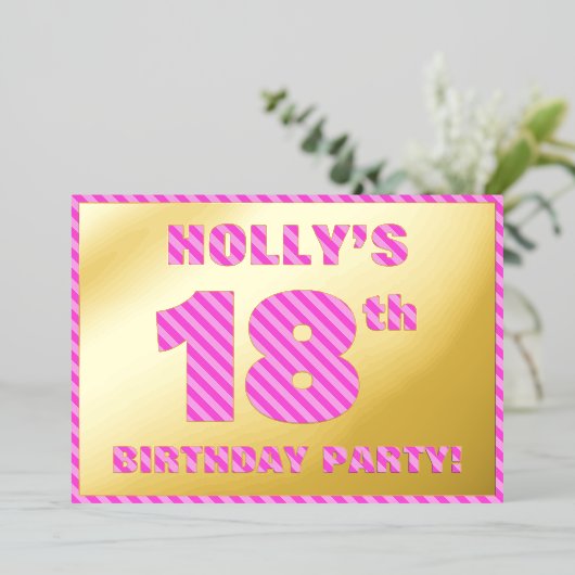 18e verjaardag - Vet, vun, roze band # 18 Folie Uitnodiging (Staand Voorkant)