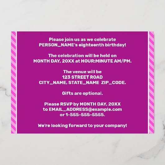 18e verjaardag - Vet, vun, roze band # 18 Folie Uitnodiging (Achterkant)