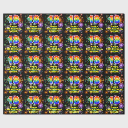 18e verjaardag: vuurwerk, regenboogblik # "18" cadeaupapier (Zoom)