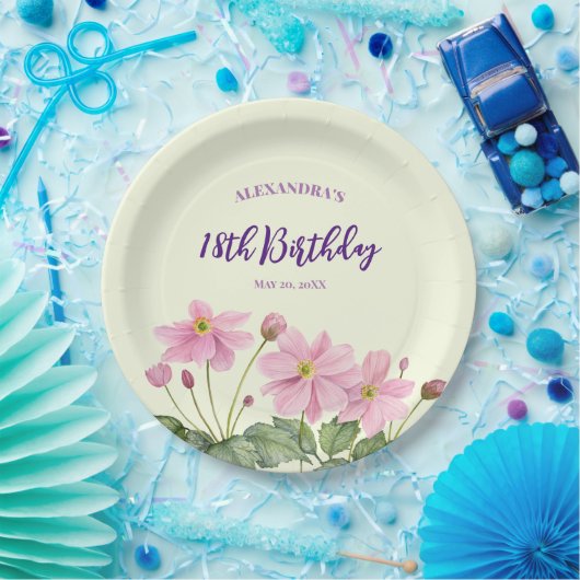 18e Verjaardag Waterverf Roze Japans Anemone Papieren Bordje (Feest)