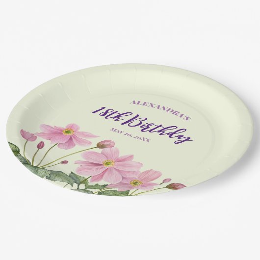 18e Verjaardag Waterverf Roze Japans Anemone Papieren Bordje (Gekanteld)