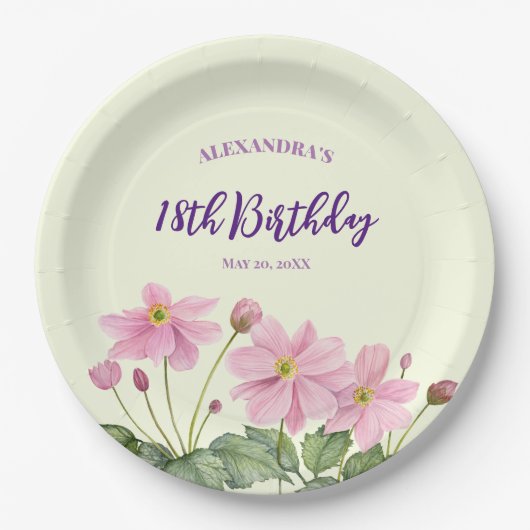 18e Verjaardag Waterverf Roze Japans Anemone Papieren Bordje (Voorkant)