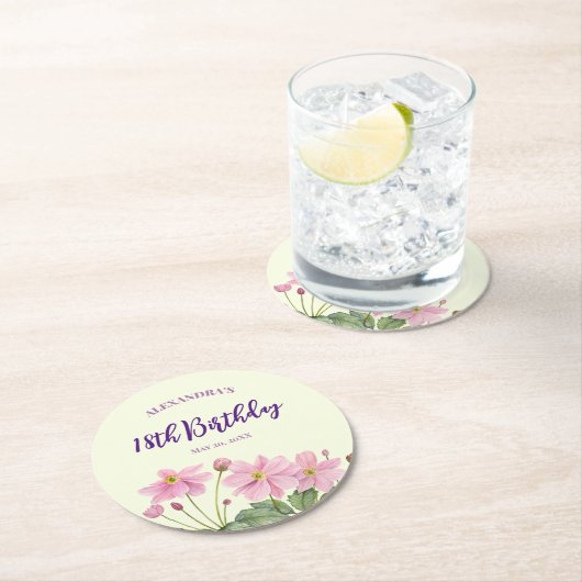 18e Verjaardag Waterverf Roze Japans Anemone Ronde Kartonnen Onderzetter (Insitu)