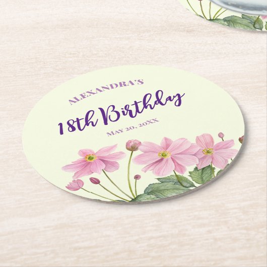 18e Verjaardag Waterverf Roze Japans Anemone Ronde Kartonnen Onderzetter (Gebogen)