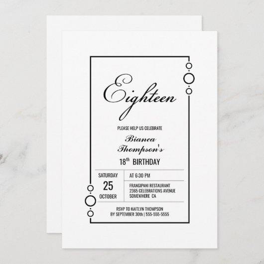 18e verjaardag White met Black Lijst Party Kaart (Voorkant / Achterkant)