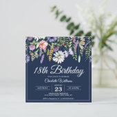 18e verjaardag Wildbloemen Navy Blue Elegant Kaart (Staand voorkant)