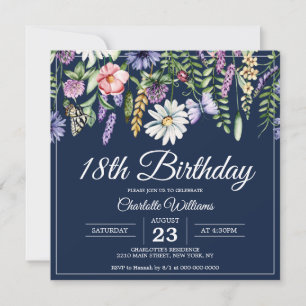 18e verjaardag Wildbloemen Navy Blue Elegant Kaart