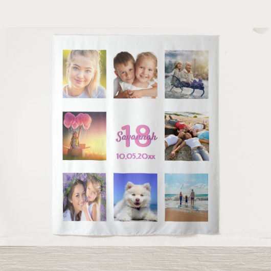 18e verjaardag witte roze fotocollage wandkleed (Voorkant)