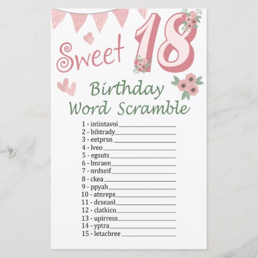 18e verjaardag Word Scramble Game (Voorkant)
