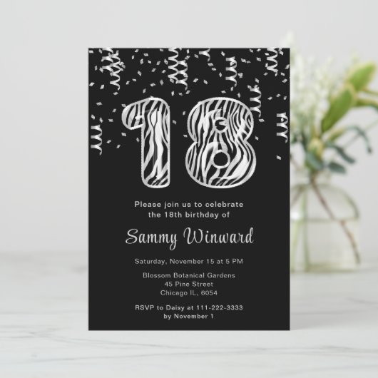 18e Verjaardag Zebra Print Ballonnen met Confetti Kaart (Staand voorkant)