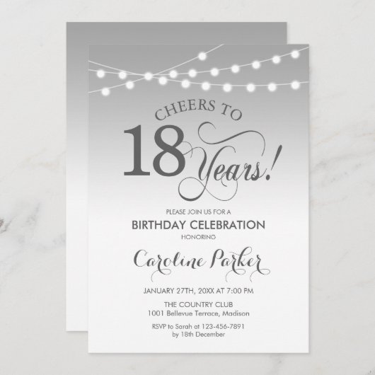 18e verjaardag - Zilver Wit Kaart (Voorkant / Achterkant)