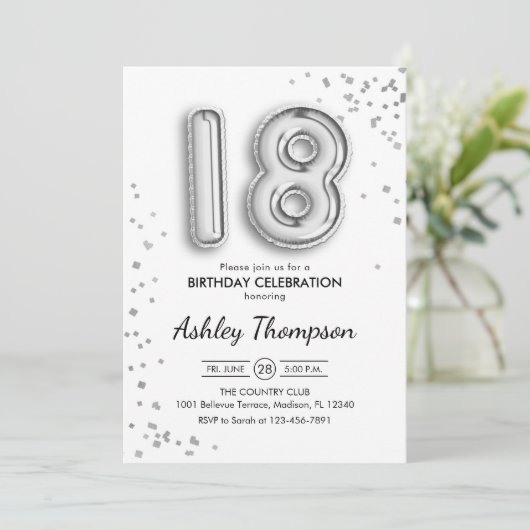 18e verjaardag - Zilveren ballonnen Kaart (Staand voorkant)