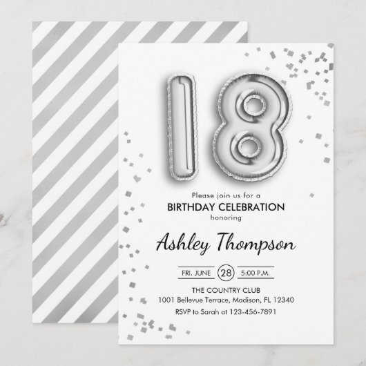 18e verjaardag - Zilveren ballonnen Kaart (Voorkant / Achterkant)