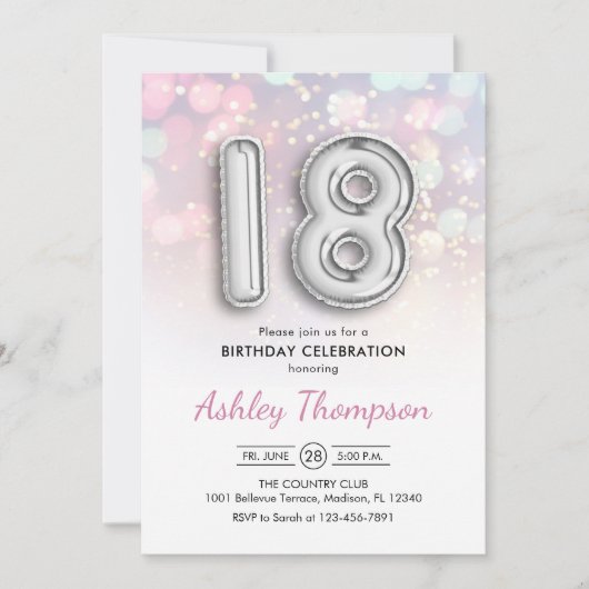 18e verjaardag - zilveren ballonnen roze lichten kaart (Voorkant)