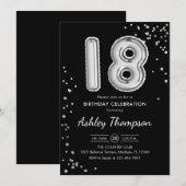 18e verjaardag - zilveren ballonnen zwart kaart (Voorkant / Achterkant)