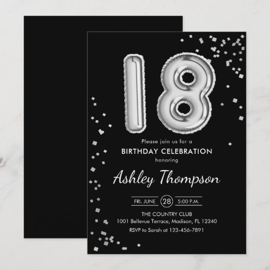 18e verjaardag - zilveren ballonnen zwart kaart (Voorkant / Achterkant)