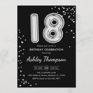 18e verjaardag - zilveren ballonnen zwart kaart