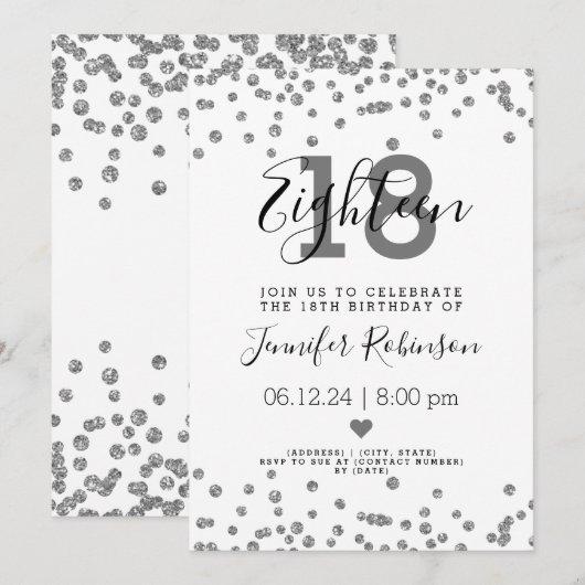 18e verjaardag Zilveren Glam Glitter Confetti Kaart (Voorkant / Achterkant)