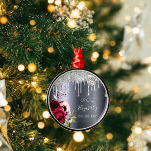 18e verjaardag zilveren glitter druppelt floral bu metalen ornament